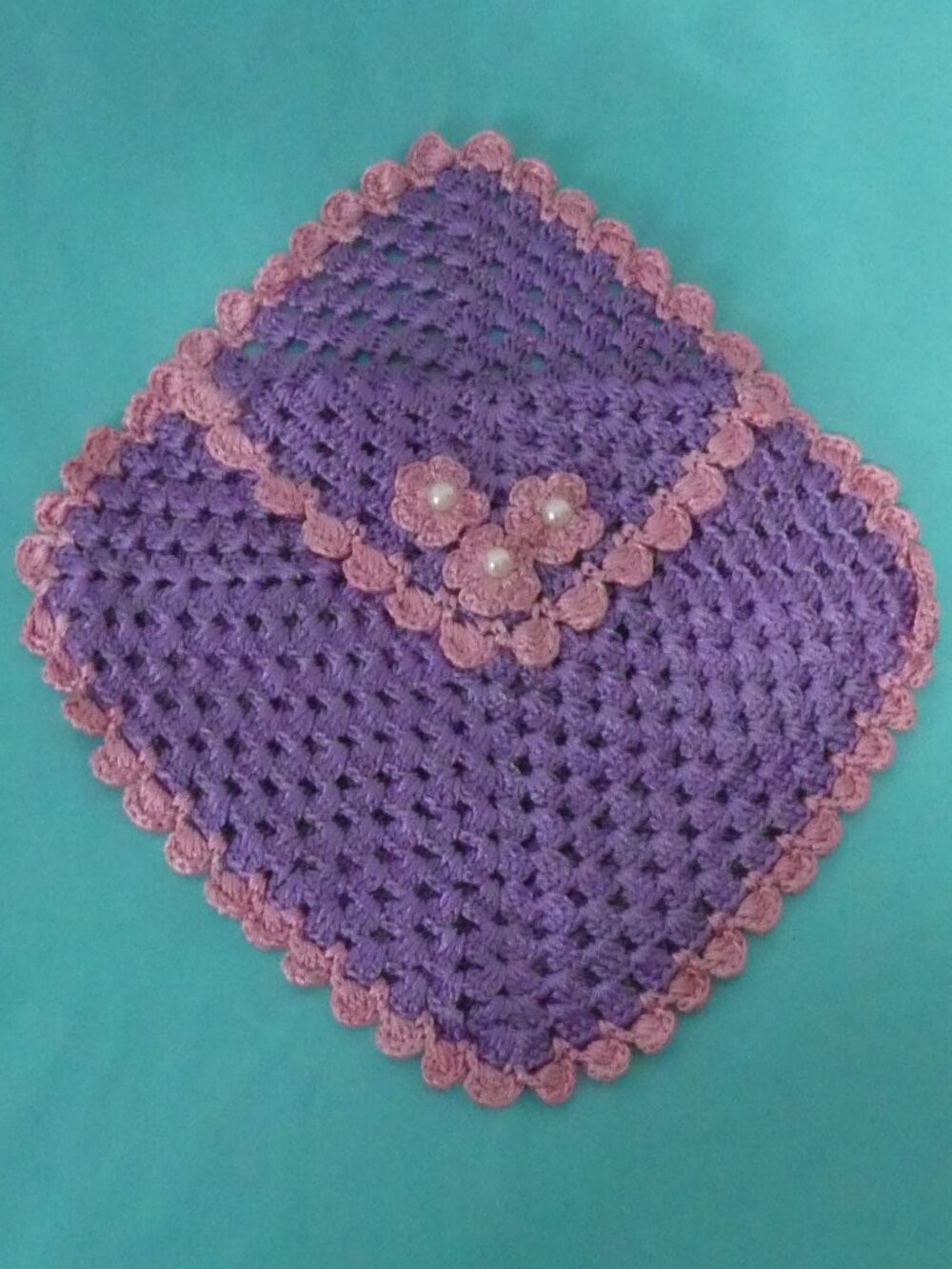 Vintage-Style Purple and Pink Crochet Pouch Pink Pearl Accent Flowers 10.5x10.5"